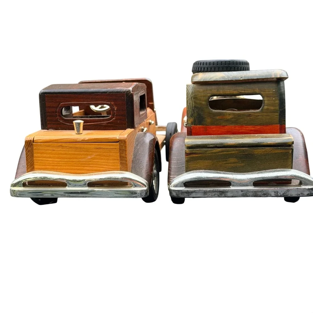 Vintage Wooden Model Car Set 4pc Antique Style Decorative Wood Toy Vehicles DIY